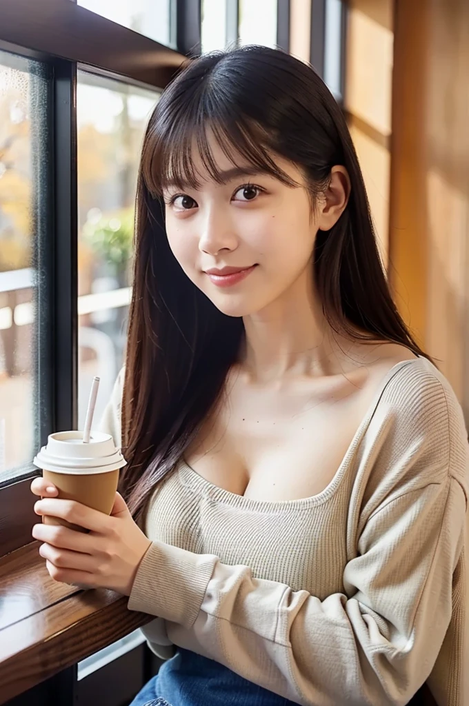 (masterpiece, best quality, perfect anatomy, highres, 8k, realistic, photorealistic, natural skin texture, no makeup:1.2), (afternoon:1.5), 1girl, solo, Japanese, age20, female fashionable university student, very cute, (large breasts:1.4), in a café, (sitting by a café window), (holding a warm cup of coffee with both her hands:1.5), soft smile, long straight hair, wearing a beret and a mini skirt, (natural sunlight illuminating her face), (autumn vibes), cozy interior, vertical composition, jp idol, inugao