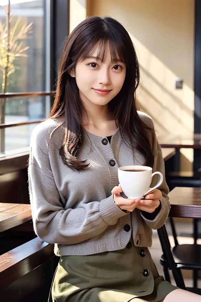 (masterpiece, best quality, perfect anatomy, highres, 8k, realistic, photorealistic, natural skin texture, no makeup:1.2), (afternoon:1.5), 1girl, solo, Japanese, age20, female fashionable university student, very cute, (large breasts:1.4), in a café, (sitting by a café window), (holding a warm cup of coffee with both her hands:1.5), soft smile, long straight hair, wearing a beret and a mini skirt, (natural sunlight illuminating her face), (autumn vibes), cozy interior, vertical composition, jp idol, inugao