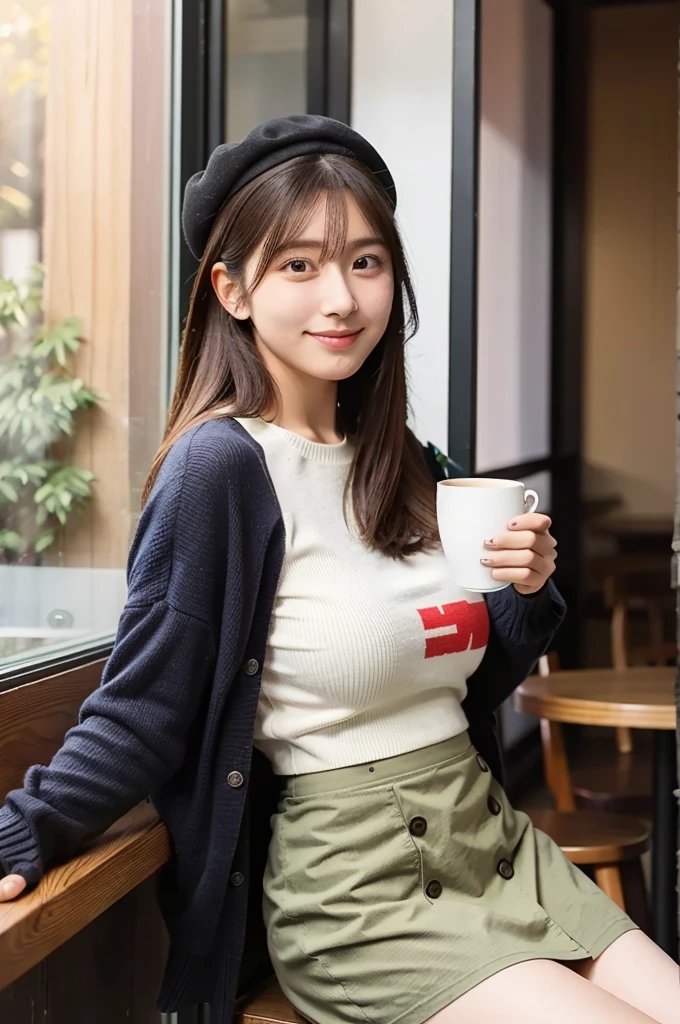 (masterpiece, best quality, perfect anatomy, highres, 8k, realistic, photorealistic, natural skin texture, no makeup:1.2), (afternoon:1.5), 1girl, solo, Japanese, age20, female fashionable university student, very cute, (large breasts:1.4), in a café, (sitting by a café window), (holding a warm cup of coffee with both her hands:1.5), soft smile, long straight hair, wearing a beret and a mini skirt, (natural sunlight illuminating her face), (autumn vibes), cozy interior, vertical composition, jp idol, inugao