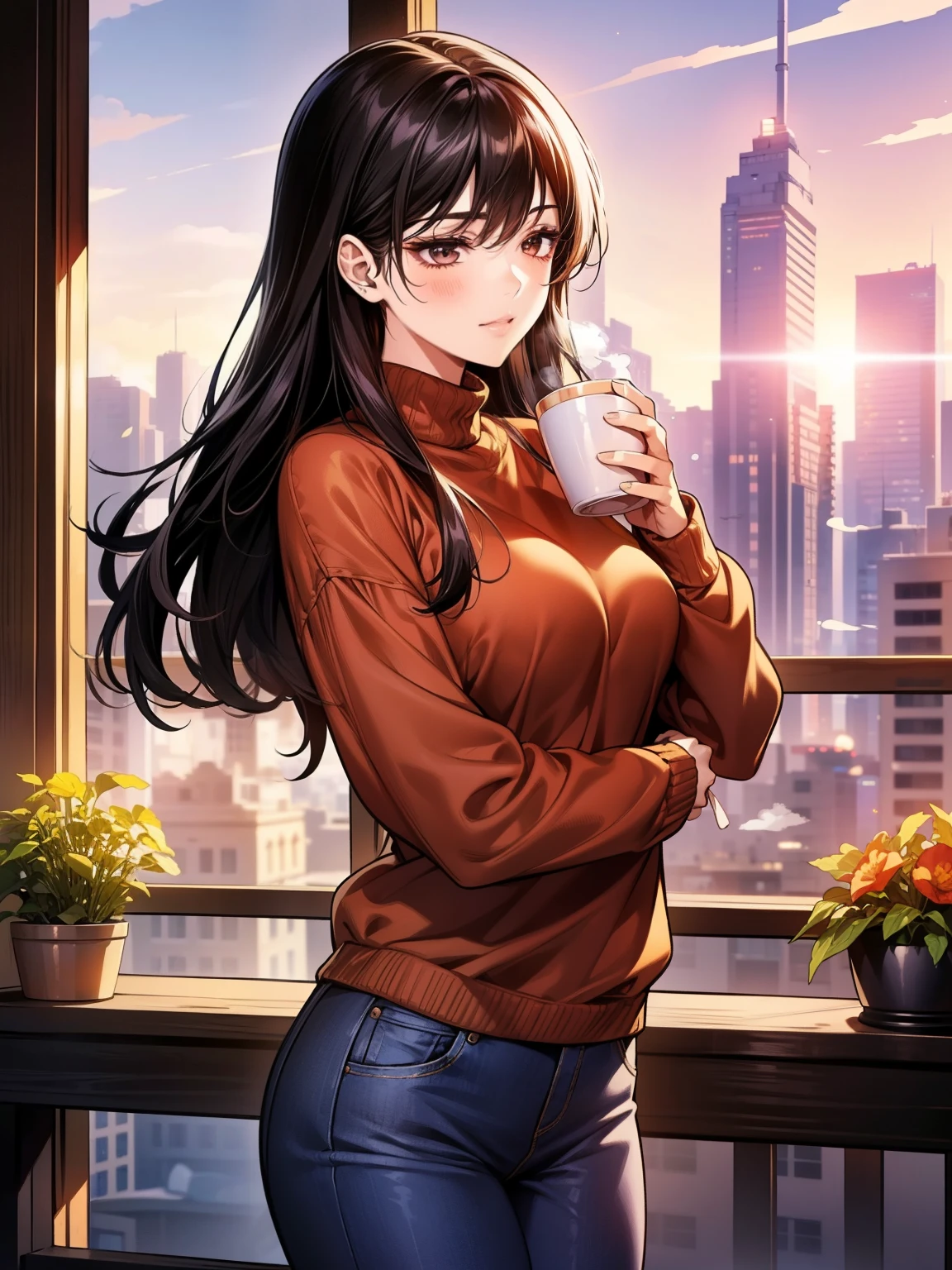 A young woman with long, black straight hair cascading over her shoulders, and black eyes that radiate kindness. She is wearing a cozy red sweater, slightly oversized, with the sleeves gently rolled up. The sweater hugs her figure in a casual yet elegant way. She pairs it with light blue jeans and simple white sneakers for a relaxed look. She stands on a charming balcony at sunset, holding a steaming cup of coffee in one hand. Her soft smile adds warmth to the scene. The background features potted plants, a small table with an open book, and a glowing city skyline bathed in golden-orange light. Manhwa style, My landlady noona style, super fine face, super fine nose, super fine mouth, super fine fingers, super fine body, super fine hand, perfect body, golden ratio, good shape, muscular, super realistic, red sweater, super detailed