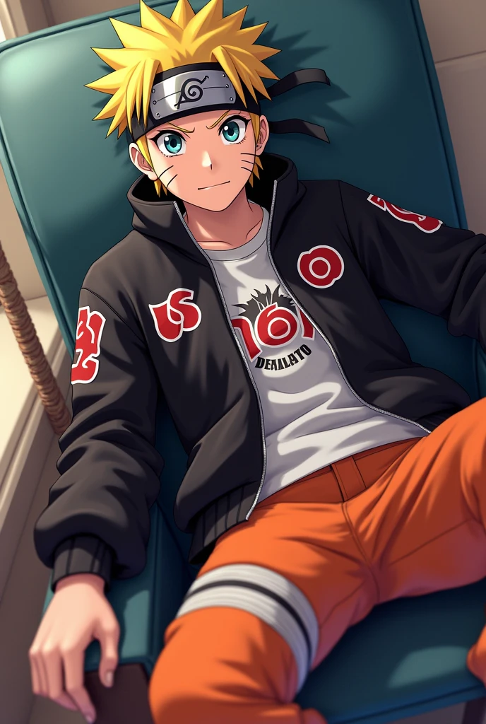 masterpiece, best quality, Naruto sleeping on bed, listening to music with studio headphones on, closing eyes, chill, resting, one person resting, anime style, normal human anatomy, wearing orange jacket and orange pants, fully clothed, feet stretched out, hands to side