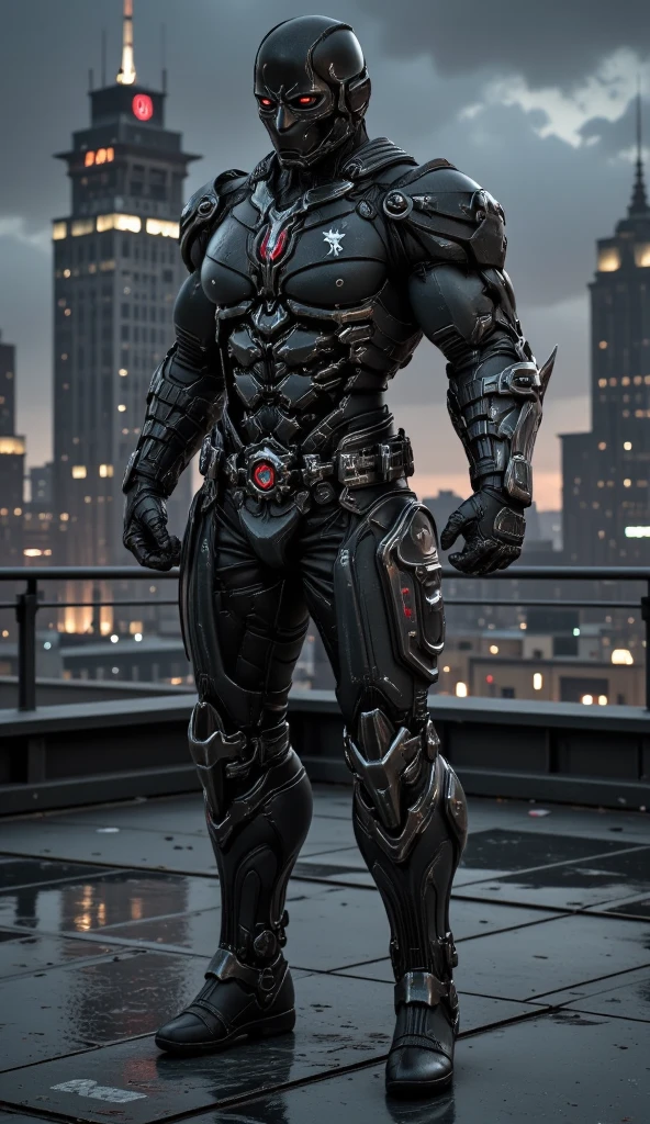 A full-body image of a muscular adult male.black leather full-body image 、and hood, Close-up of a hooded person in invisible armor . wears leather armor, Tights.epic ninja suit, Rogue.Leather fit to cover the whole body. smooth leather .Boy Teenage Assassin , stealth suit , Cyberpunk assassin , stand on the roof of a skyscraper. . black night . Dark atmosphere .Low light.Weak lights cast dramatic shadows. Weird cyberpunk atmosphere . cyberpunk city.Futuristic tech style,Robot,mecha skin,latex bodysuit .whole body image.