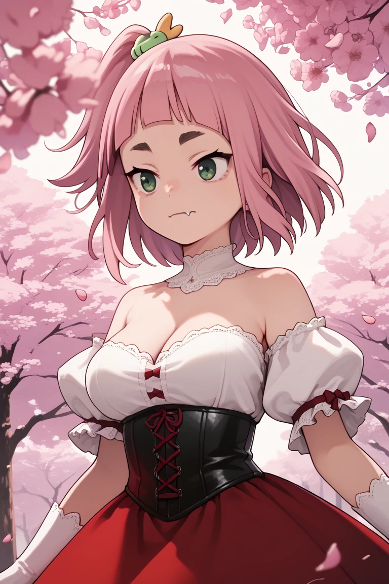 source_anime,
kiuiwatase, kiui watase, short hair, bangs, hair ornament, green eyes, pink hair, thick eyebrows,blunt bangs,
skin fang, large breasts, cleavage,                        vening dress with a neckline, red lace corset (leather/latex) , white leather/latex gloves, mole on shoulder, pink sakura background, Pink petals are falling from the tree, perfect lighting, very aesthetic, intricate details, highly detailed background, masterpiece, high quality, prefect hands, best quality