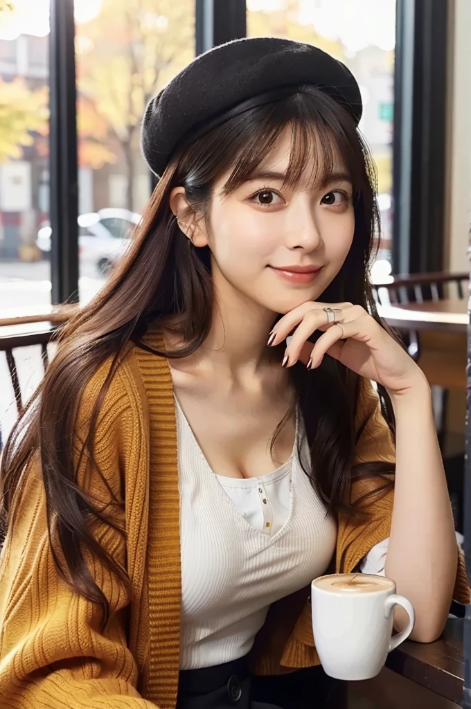 (masterpiece, best quality, perfect anatomy, highres, 8k, realistic, photorealistic, natural skin texture, no makeup:1.2), (afternoon:1.5), 1girl, solo, Japanese, age20, female fashionable university student, very cute, (large breasts:1.4), in a café, (sitting by a café window), (holding a warm cup of coffee with both her hands:1.5), soft smile, long straight hair, wearing a beret and a mini skirt, (natural sunlight illuminating her face), (autumn vibes:1.2), cozy interior, vertical composition, jp idol, inugao