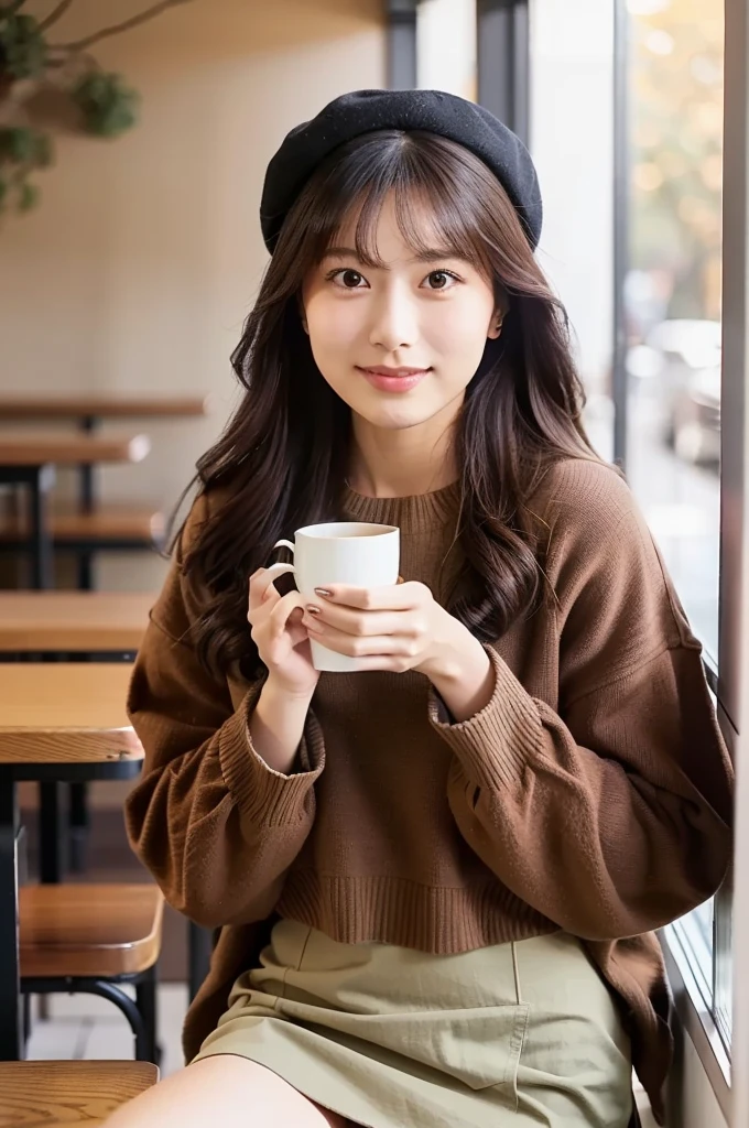 (masterpiece, best quality, perfect anatomy, highres, 8k, realistic, photorealistic, natural skin texture, no makeup:1.2), (afternoon:1.5), 1girl, solo, Japanese, age20, female fashionable university student, very cute, (large breasts:1.4), in a café, (sitting by a café window), (holding a warm cup of coffee with both her hands:1.5), soft smile, long straight hair, wearing a beret and a mini skirt, (natural sunlight illuminating her face), (autumn vibes:1.2), cozy interior, vertical composition, jp idol, inugao