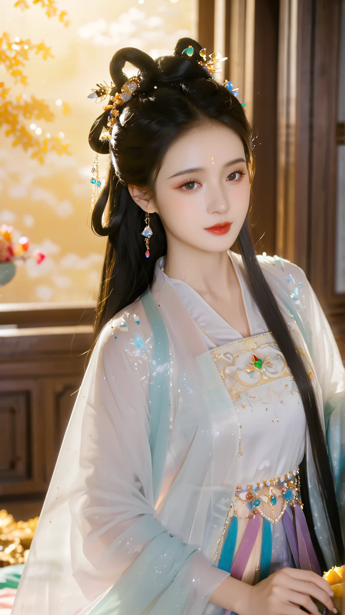  Best Quality  at best,  super high resolution, ((( 1 girl))),(Long black hair), Game Fairy, Old Palace , Dahong Hanfu , ,  Elegant Light Yarn , jewelry, (focus), ((( colorful))), particle effects , masterpiece,  Best Quality  at best, Beautiful painting, meticulous,   Very detailed , (masterpiece,  Best Quality  at best）  CG Uniform 8K Wallpaper，masterpiece， Best Quality ， super detailed）,  Ultra HD，Clear face