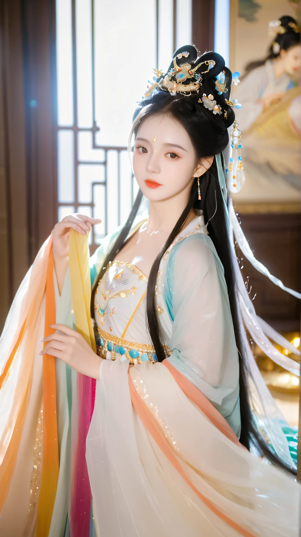  Best Quality  at best,  super high resolution, ((( 1 girl))),(Long black hair), Game Fairy, Old Palace , Dahong Hanfu , ,  Elegant Light Yarn , jewelry, (focus), ((( colorful))), particle effects , masterpiece,  Best Quality  at best, Beautiful painting, meticulous,   Very detailed , (masterpiece,  Best Quality  at best）  CG Uniform 8K Wallpaper，masterpiece， Best Quality ， super detailed）,  Ultra HD，Clear face