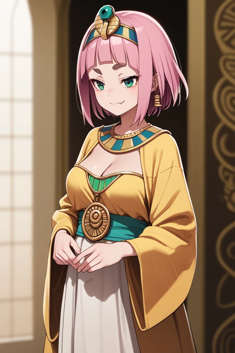 source_anime,
kiuiwatase, kiui watase, short hair, bangs, hair ornament, green eyes, pink hair, thick eyebrows,blunt bangs,
skin fang, large breasts, cleavage,                         egyptian queen, cute, seductive, innocent, light smile:0.3, slender body, perfect make-up, intricate jewelry, golden headdress, stands in a grand palace, captured in a walls adorned with hieroglyphics and torches flickering in, depth of field,