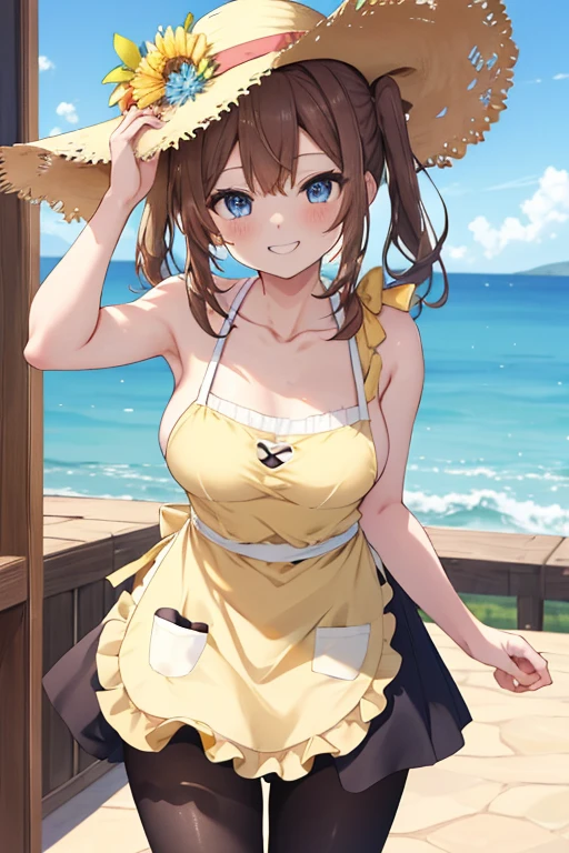best quality, masterpiece, highres, solo, {amiya_arknights:1.15}, animal_ears, brown_hair, rabbit_ears, long_hair, bangs, blue_eyes, hair_between_eyes, sidelocks, jewelry, closed_mouth, ring, upper_body, ascot, ponytail, blush, 1girl, bare_shoulders, blue_sky, day, hat, looking_at_viewer, outdoors, sky, smile, straw_hat, cloud, ears_through_headwear, collarbone, breasts, brown_headwear, flower, hat_flower, puffy_sleeves, short_sleeves, blue_choker, choker, ocean, puffy_short_sleeves, ribbon