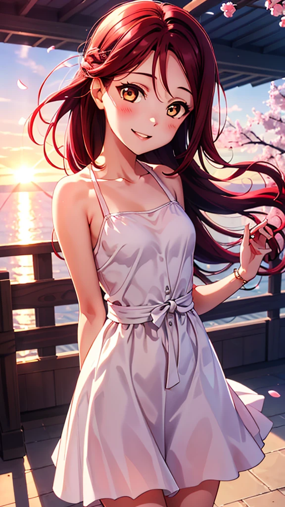   1 girl,    High Definition  , Sunset Sea ,  Blurry Background ,   Lens Flare  , masterpiece, Accurate, 【 Rico Sakrouchi,    Riko Sakurauchi, ( brown eyes:1.5), hair between eyes,  long hair, (Red Hair:1.5), (Small chest:1.2),  top quality ,  High Definition ,  Unity 8k wallpaper , ( illustrations:0.8), ( beautiful detailed eyes:1.6),  extremely detailed face,  perfect lighting,   very detailed CG, (perfect hand,  perfect anatomy), pure white dress,cherry blossoms, blush,  smiles,  seductive smile, 胸を隠す,