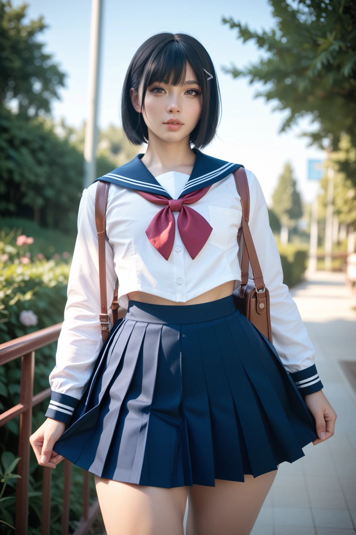  femboy, trap,  one boy , Male physique,   tall ,   facing the front,  standing,  good style ,curvilinear,  skirt, Rin々 with dark eyes, Long black hair,   Wide Hips,  high school girl uniform 