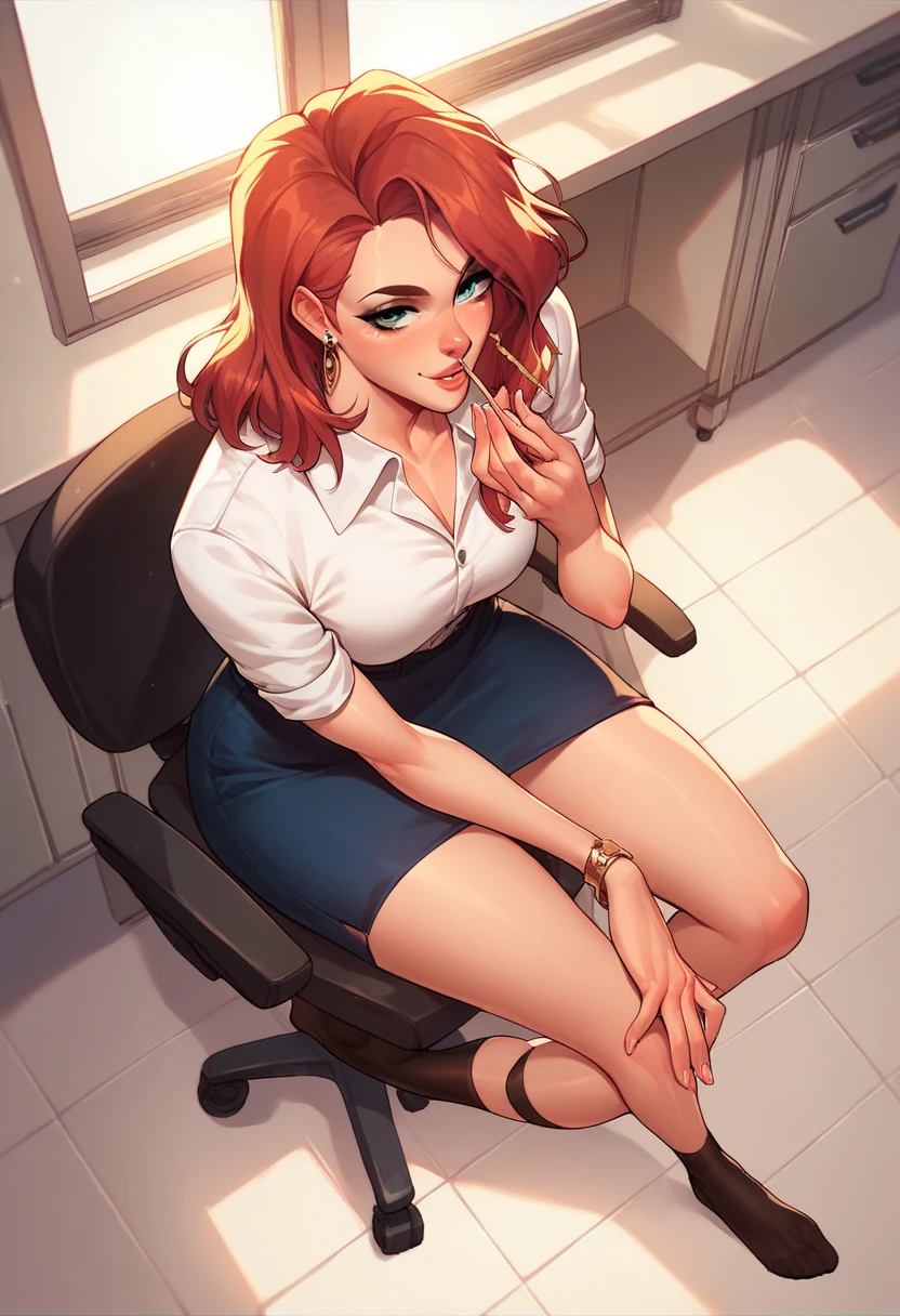 office ,socks, rays of light, elegance face,cara madura, seductive, 25 years,  full body,  erect penis, straw with your own hand ,   on a buttock ,  viewed from above