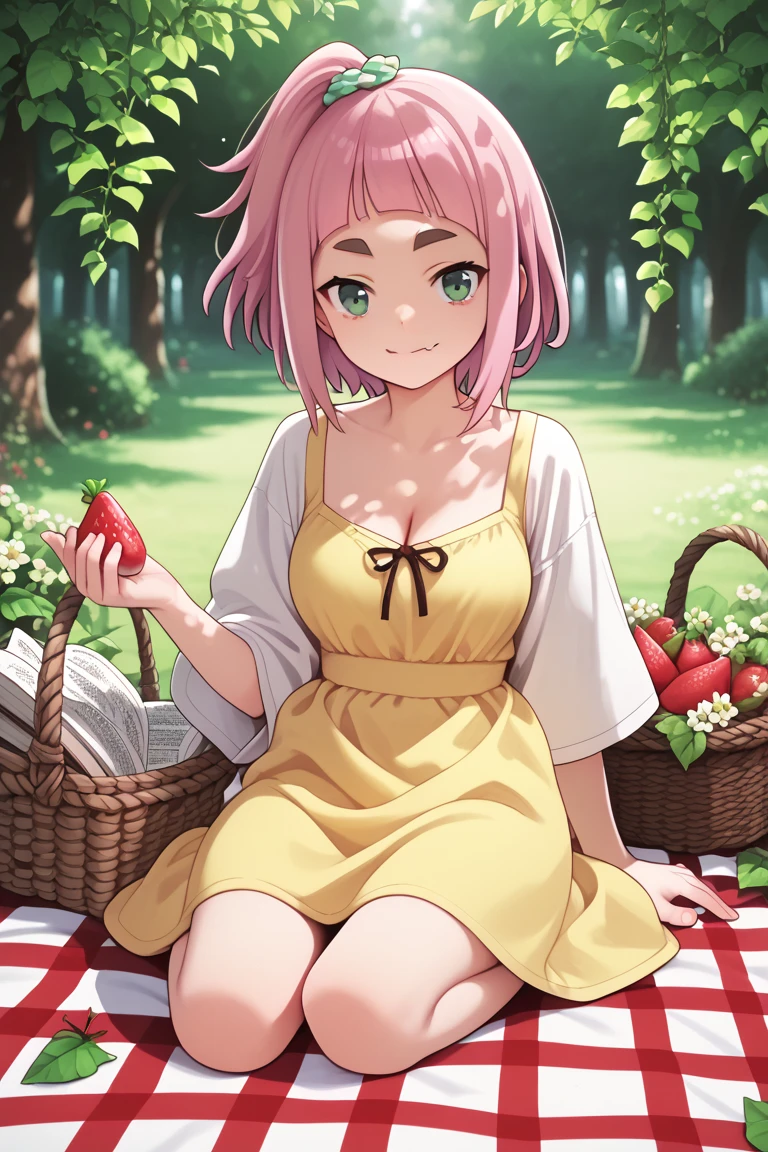 source_anime,
kiuiwatase, kiui watase, short hair, bangs, hair ornament, green eyes, pink hair, thick eyebrows,blunt bangs,
skin fang, large breasts, cleavage,                         summer picnic theme, lush green meadow background, wearing a light yellow sundress, sitting on a checkered picnic blanket, surrounded by a basket of fruits, flowers, and an open book, holding a strawberry in one hand, dappled sunlight filtering through tree branches, gentle smile, calm and serene expression, soft wind ruffling her dress and hair, pastel tones, natural lighting, full-body shot, relaxed and cozy atmosphere, depth of field, warm and inviting vibe