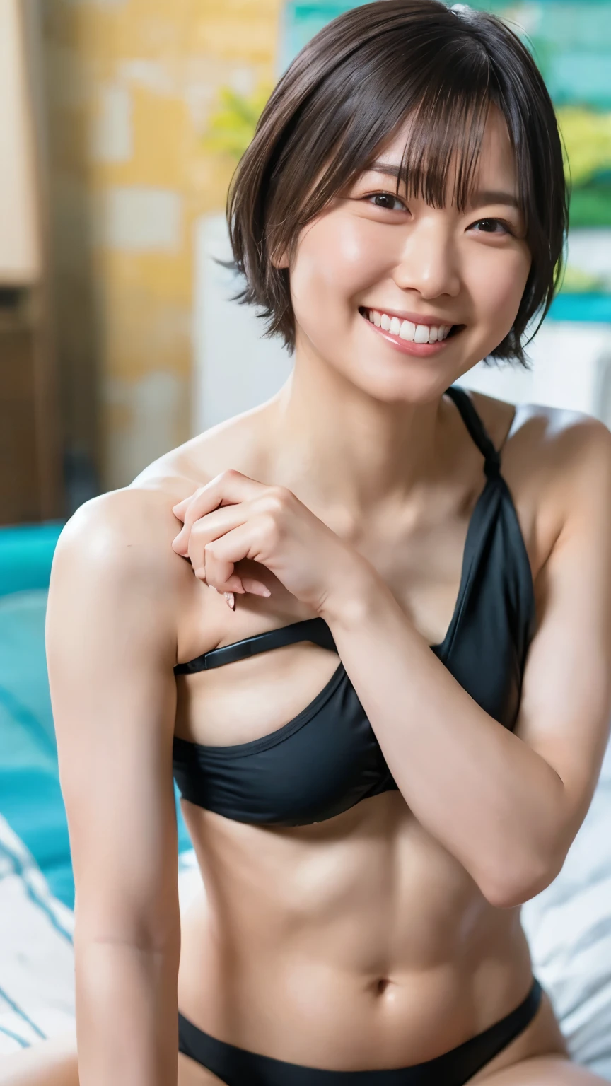in a black bikini、Bob Hairstyle、 oily skin 、 top quality 、8k、whole body、smile