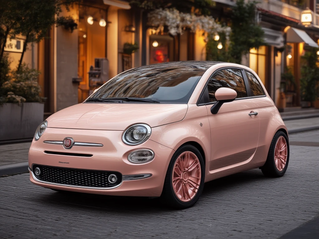 ((masterpiece)) ((photography)) ((Highest quality)) A redesigned Fiat compact car for the year 2025, tailored with a feminine aesthetic. The vehicle features a sleek, curvy body painted in soft pastel tones like blush pink and pearl white, accented with delicate rose gold details on the trims and wheels. The LED headlights have a unique floral-inspired design, adding elegance to the look. The background is a charming urban street with boutique shops, warm lighting, and greenery, reflecting a stylish and modern lifestyle.