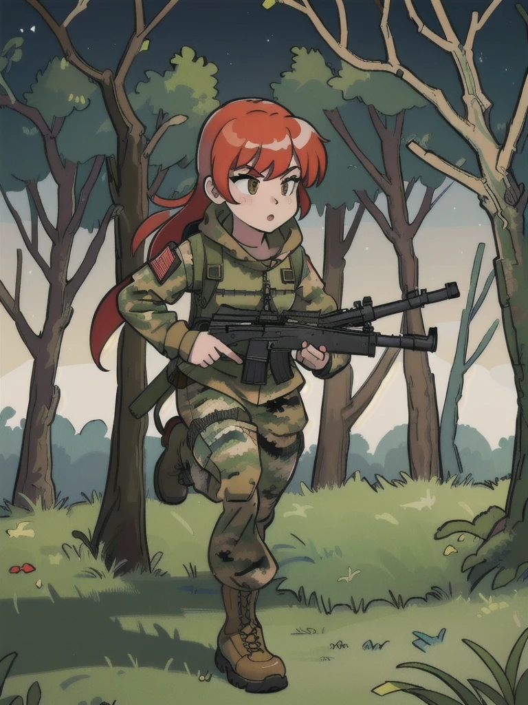 girl with red hair, with a camouflage jacket, camouflage balaclava, tactical backpack, tactical gloves,camouflage pants and army boots, In the evening he running through the forest 