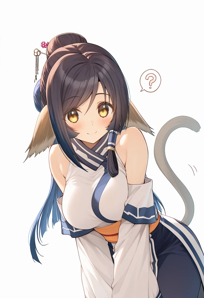 kuon_(utawarerumono), 1girl, long hair, animal ears, blue hair, breasts, yellow eyes, bare shoulders, blush, single hair bun, cat tail, brown eyes, medium breasts, cat ears, hair bun,, large breasts, hair ornament, hair stick, spoken question mark, hairpin, detached sleeves, sleeveless, looking at viewer,  solo, tail, white background, simple background, ?, smile, closed mouth