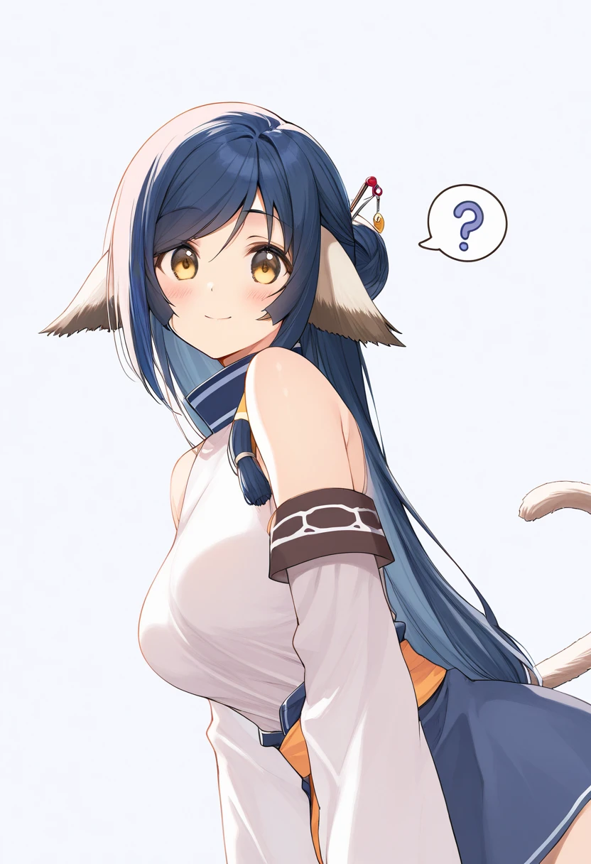 kuon_(utawarerumono), 1girl, long hair, animal ears, blue hair, breasts, yellow eyes, bare shoulders, blush, single hair bun, cat tail, brown eyes, medium breasts, cat ears, hair bun,, large breasts, hair ornament, hair stick, spoken question mark, hairpin, detached sleeves, sleeveless, looking at viewer,  solo, tail, white background, simple background, ?, smile, closed mouth