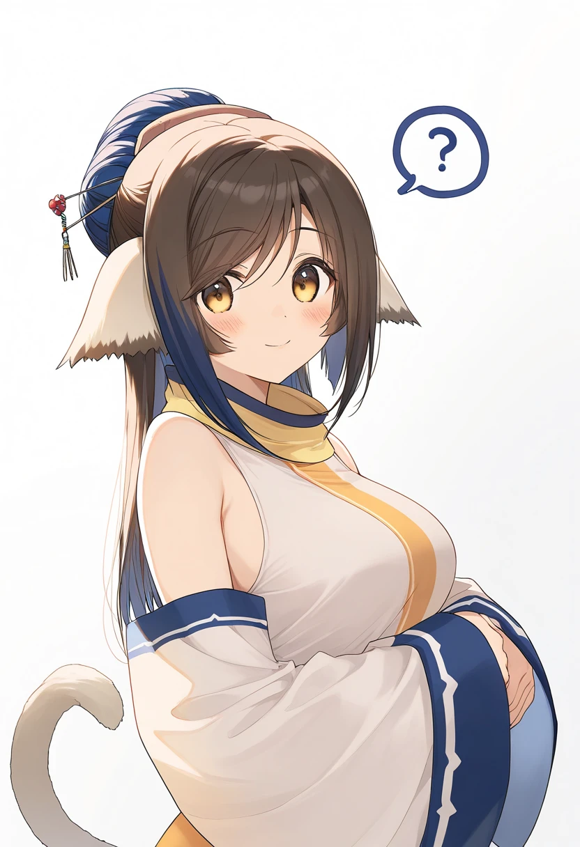 kuon_(utawarerumono), 1girl, long hair, animal ears, blue hair, breasts, yellow eyes, bare shoulders, blush, single hair bun, cat tail, brown eyes, medium breasts, cat ears, hair bun,, large breasts, hair ornament, hair stick, spoken question mark, hairpin, detached sleeves, sleeveless, looking at viewer,  solo, tail, white background, simple background, ?, smile, closed mouth