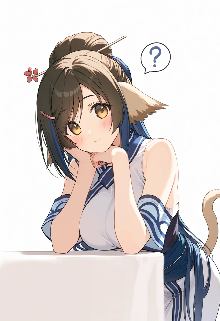 kuon_(utawarerumono), 1girl, long hair, animal ears, blue hair, breasts, yellow eyes, bare shoulders, blush, single hair bun, cat tail, brown eyes, medium breasts, cat ears, hair bun,, large breasts, hair ornament, hair stick, spoken question mark, hairpin, detached sleeves, sleeveless, looking at viewer,  solo, tail, white background, simple background, ?, smile, closed mouth