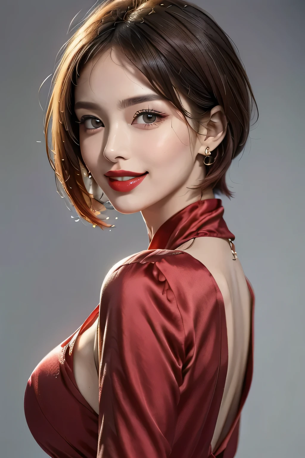 (1.  beautiful women,  supermodel ), (    perfect anatomy ), ((  cowboy shot )), Golden Ratio, (top quality:1.4), 32k resolution, (  realistic    :1.5), High resolution UHD, (masterpiece :1.2)), (Improved quality:1.4), (  Very Beautiful Face Details  ), ( smile), (Top quality), ((Red Silk Dress :1.37)),  earrings,   necklace, (Big Breasts:1.3), (thigh), (Ass), Accurate Fingers,  Very detailed、Crimson Hair,   beautiful eyes,   double eyelids ,   eyelash  , Shaping your eyebrows, (( Very detailed、Crimson Hair portraits)),   red cheeks  , Ultra-   realistic    eyes, Perfect Lips,     perfect eyes,   Natural Cosmetics  , [  Pink Lipstick], (( Commitment to quality   :1.2)), (  beautiful lips:1.33), (Great nose:1.2), (Big Breasts),   brunette pixie cut, ((  realistic  )), (( Sharp Focus )), (   highest resolution), ((  high image quality)), ((masterpiece)),   Professional Cinema Lighting 