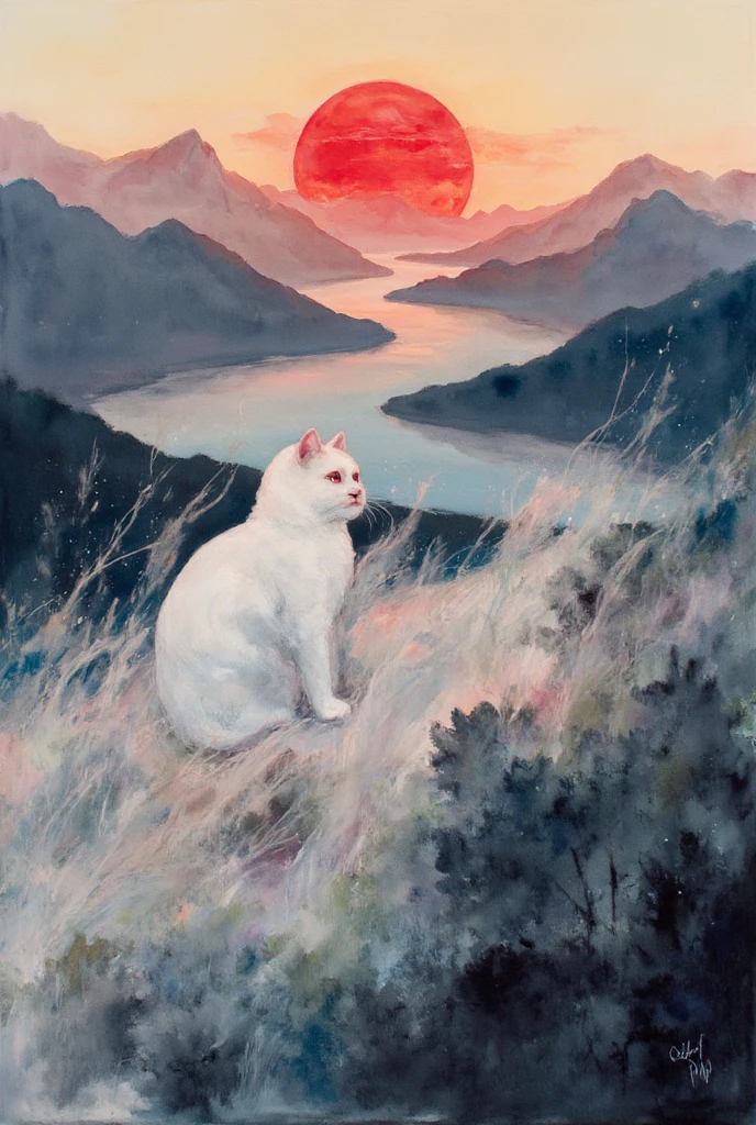 Watercolor of a cat with its fur blending into a landscape of mountains at red sun