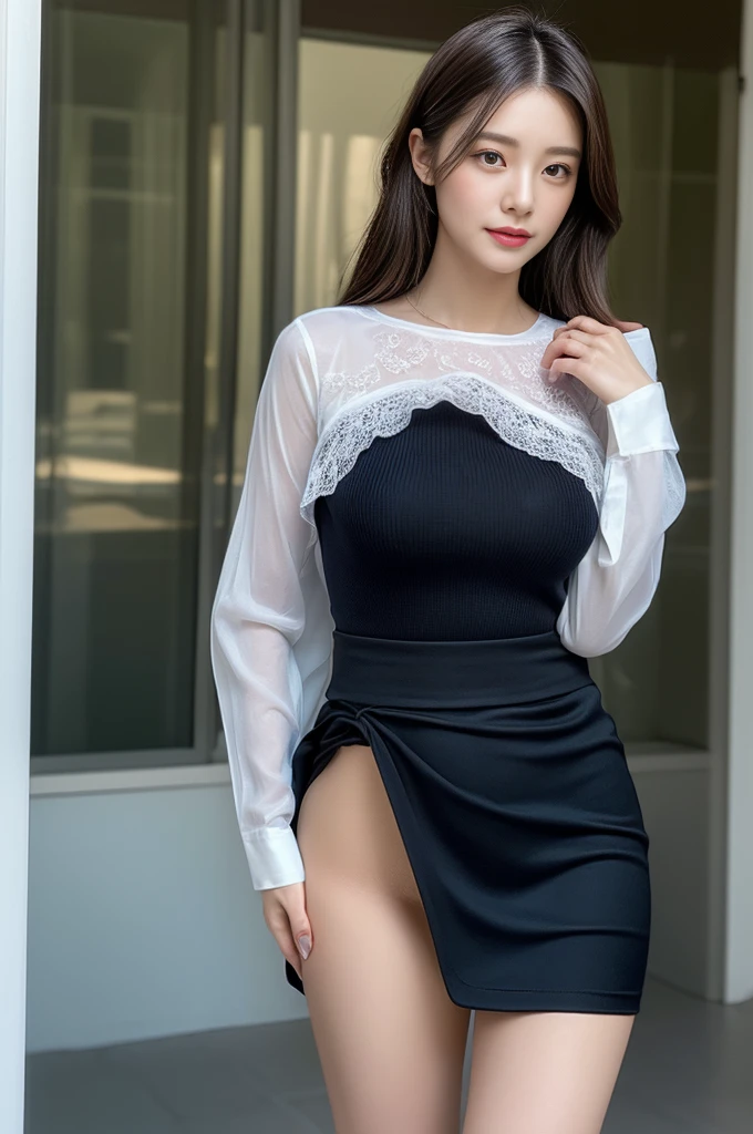 (masterpiece:1.3), (8k, realistic, Raw photo, highest quality:1.4), (1 girl), beautiful face, realistic face, (detailed face), beautiful hairstyle, (fine hair), realistic eyes, (fine eyes), beautiful details, realistic skin, (fine skin), beautiful skin, Charm, ultra high resolution, surreal, very detailed, (medium breasts:0.5), beauty of japan, (slim body shape), (dark gray gradient background),
( Arafed image of a woman walking the runway wearing a white shirt and skirt, Ocean, futuristic and fantastic, hot julia, '20, Helmut Lang, Julia Sardinia, Sascha Schneider, focus on the whole body, Flowing shimmering fabric, jin kim, new york, from me, Inspired by Jacob Emmanuel Handman ),
(), high heels, gentle smile, brown hair, (necklace, earrings, bracelet), (super model figures), cute young japanese girl, pretty young japanese girl,