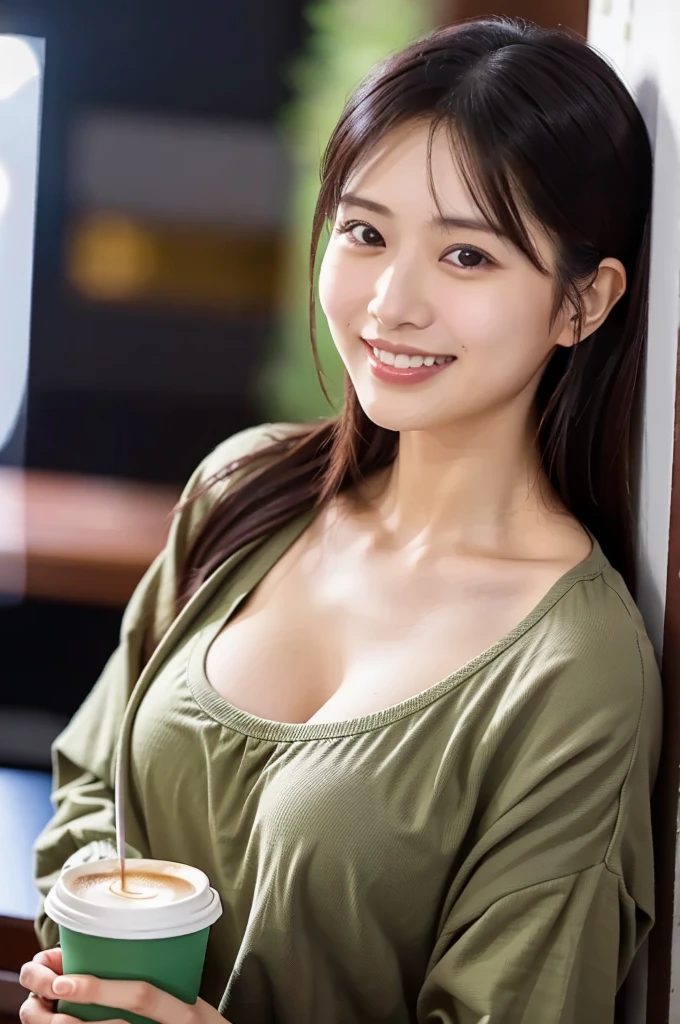 (masterpiece, best quality, perfect anatomy, highres, 8k, realistic, photorealistic, natural skin texture, no makeup:1.2), (afternoon:1.5), 1girl, solo, Japanese, age20, female adorable university student, very cute, (large breasts:1.4), (holding a cup of coffee near her face), shy smile, side ponytail, wearing a mini skirt and a beret, (warm café lighting, casual restaurant setting), vertical composition, jp idol, inugao