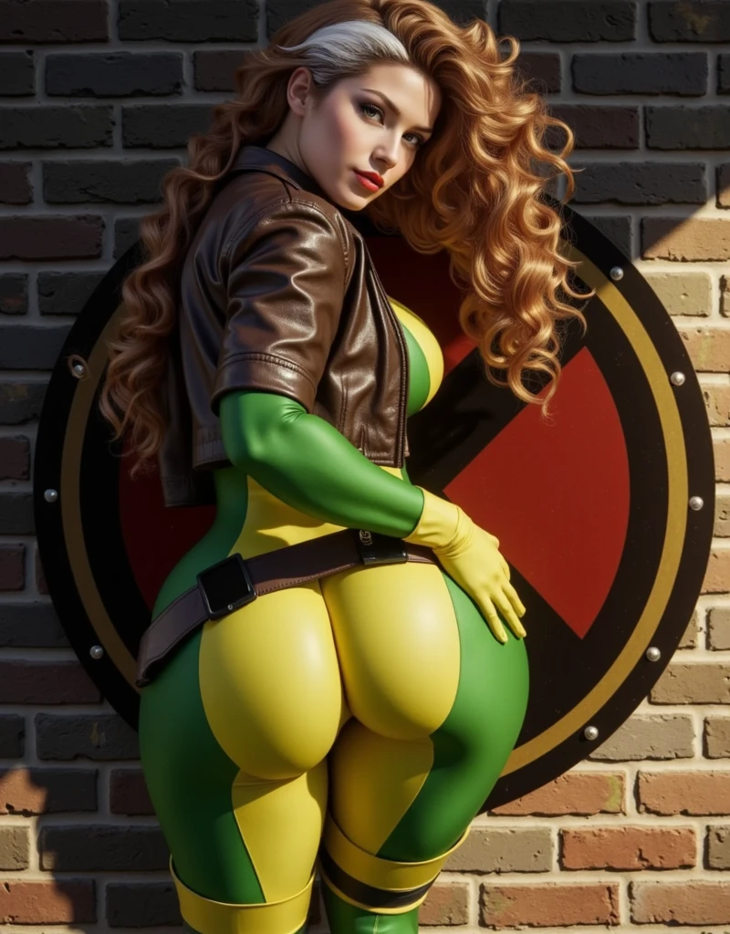 (  masterpiece ,  realistic , perfect,  photograph ,  high resolution and definition )  X-Men Rogue in a sensual and erotic pose,  tight suit, nice image detail ,  Beautiful legs ,  detailed face, light eyes,  beautiful butt ,  slender and detailed body ,  big breasts. Brown hair with a tuft of white hair on the top,  long loose hair .  Great detail of the background and environment . In a random location, exciting