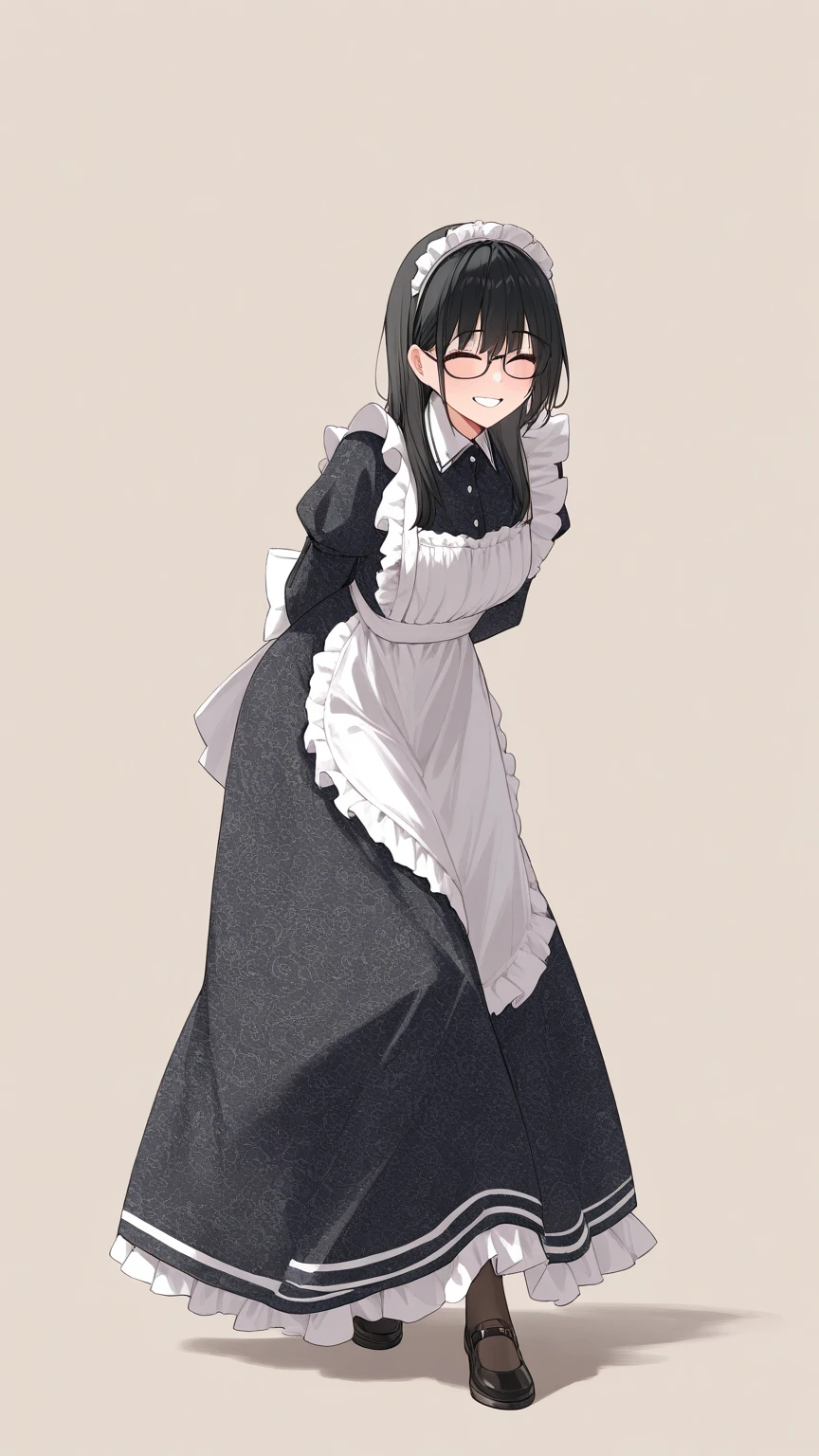 Black hair, glasses, maid uniform, smiling face