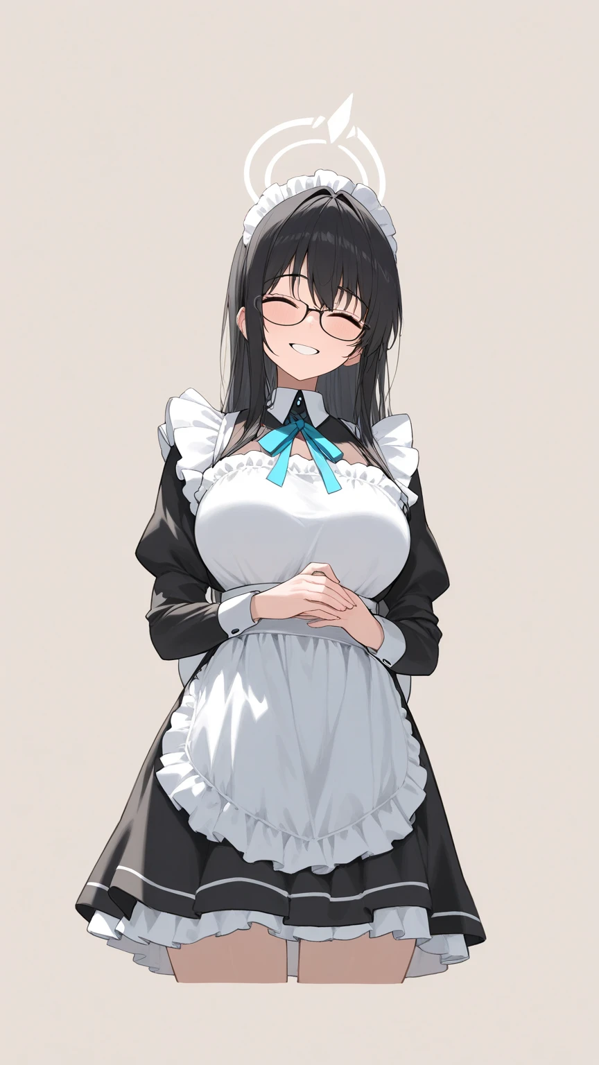 Black hair, glasses, maid uniform, smiling face