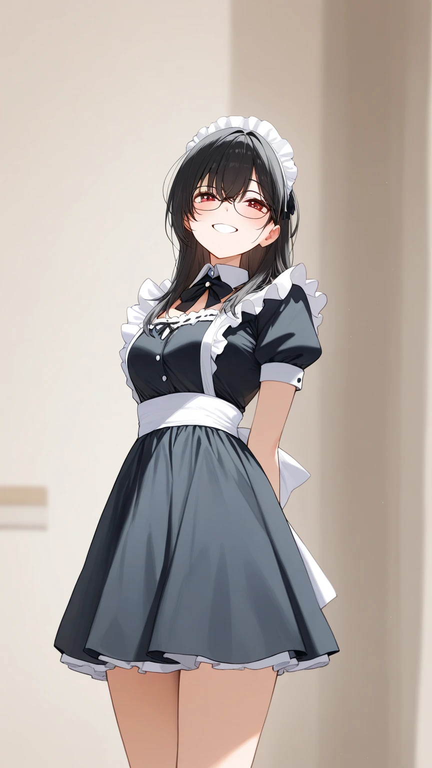 Black hair, glasses, maid uniform, smiling face