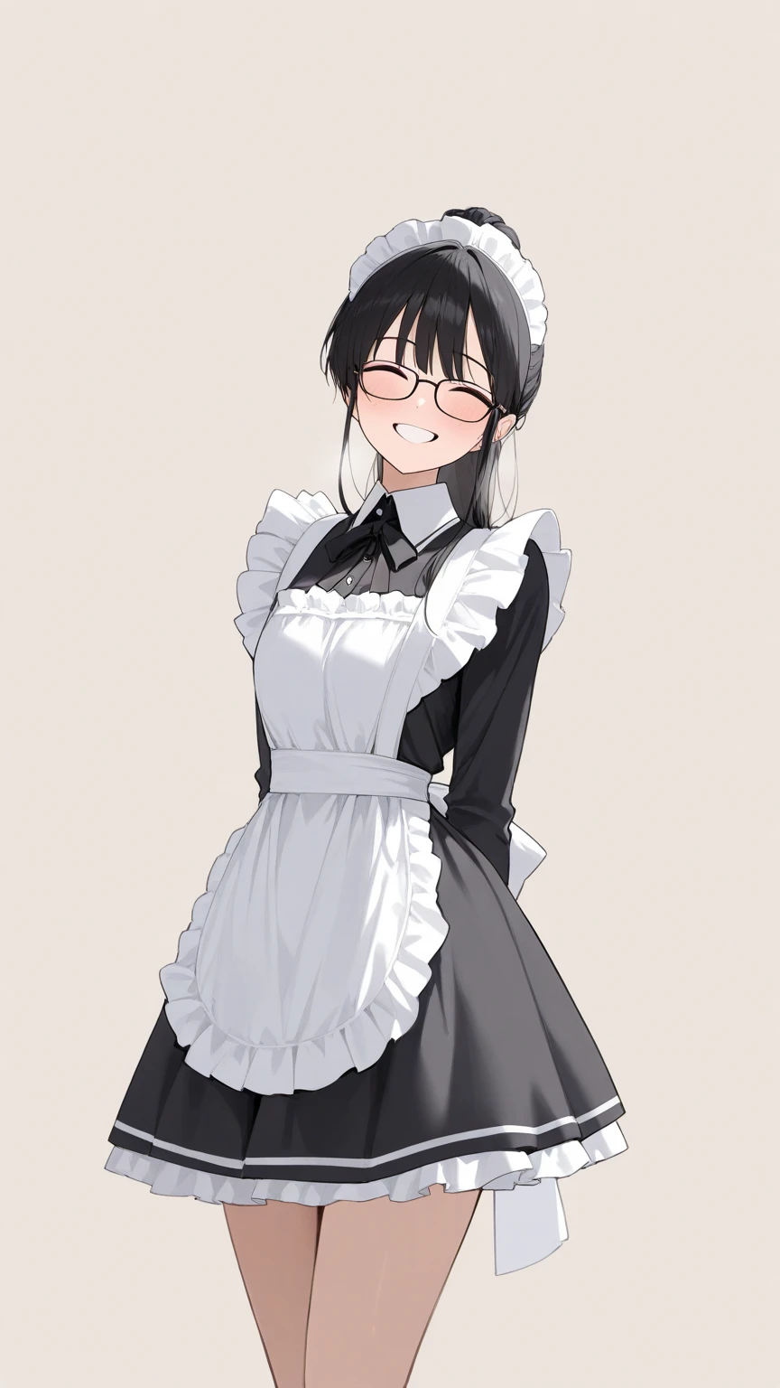 Black hair, glasses, maid uniform, smiling face