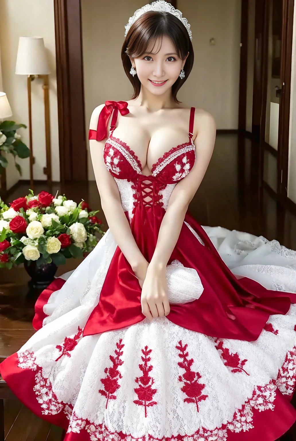 a red color wedding dress is mounted on a black mannequin. flower texture upon the dress. portrait, bokeh, look professional. aspect ration 9:16. a little bit bigger breast.