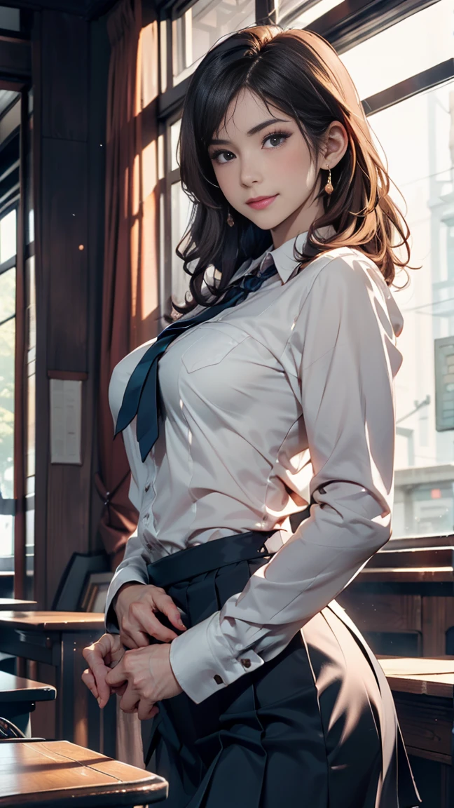 (masterpiece:1.2, Highest quality), (Realistic, photoRealistic:1.4), Beautiful illustrations, (Natural Side Lighting, Cinema Lighting),
View your viewers, Cowboy Shot, Front view:0.6, 1 Girl, Japanese, high school girl, Perfect Face, Cute and symmetrical face, Shiny skin,
(Long Hair:1.8, Drill Hair:1.7, Dark brown hair), Hair between the eyes, Emerald green eyes, Long eyelashes, (Large Breasts:0.9, Thick thighs),
Beautiful Hair, Beautiful Face, Beautiful attention to detail, Beautiful clavicle, Beautiful body, Beautiful breasts, Beautiful thighs, Beautiful feet, Beautiful fingers,
((Light purple sleeveless collared shirt, Cleavage, Black tight mini skirt, High heels)), Pink Panties,
(Beautiful views), evening, Riverside, walking, Place your hand on your chest, (Cute smile, Upward glance),