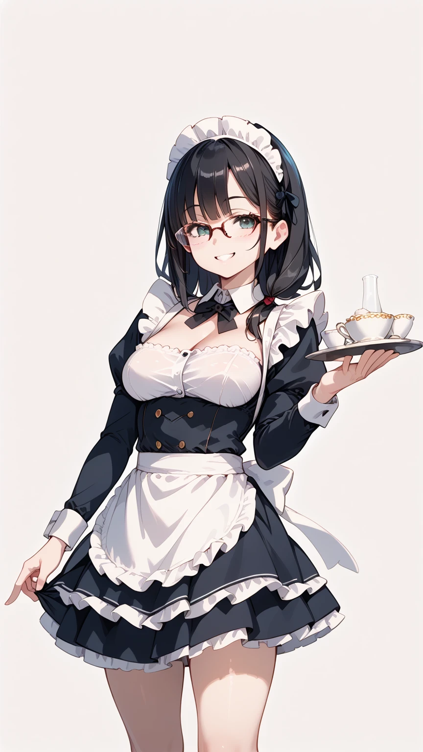 Black hair, glasses, maid uniform, smiling face