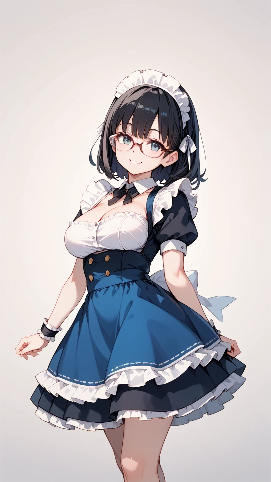 Black hair, glasses, maid uniform, smiling face