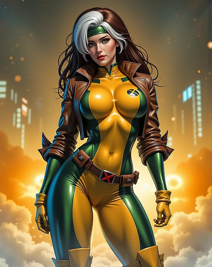 (  masterpiece ,  realistic , perfect,  photograph ,  high resolution and definition )  X-Men Rogue in a sensual and erotic pose,  tight suit, nice image detail ,  Beautiful legs ,  detailed face, light eyes,  beautiful butt ,  slender and detailed body ,  big breasts. Brown hair with a tuft of white hair on the top,  long loose hair .  Great detail of the background and environment . In a random location, exciting