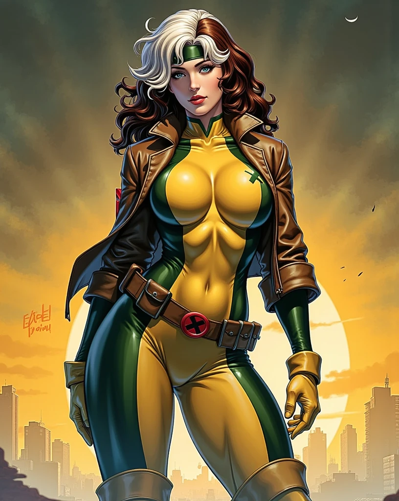 (  masterpiece ,  realistic , perfect,  photograph ,  high resolution and definition )  X-Men Rogue in a sensual and erotic pose,  tight suit, nice image detail ,  Beautiful legs ,  detailed face, light eyes,  beautiful butt ,  slender and detailed body ,  big breasts. Brown hair with a tuft of white hair on the top,  long loose hair .  Great detail of the background and environment . In a random location, exciting