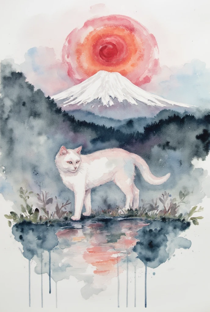 Watercolor of a cat with Mt Fuji at red sun