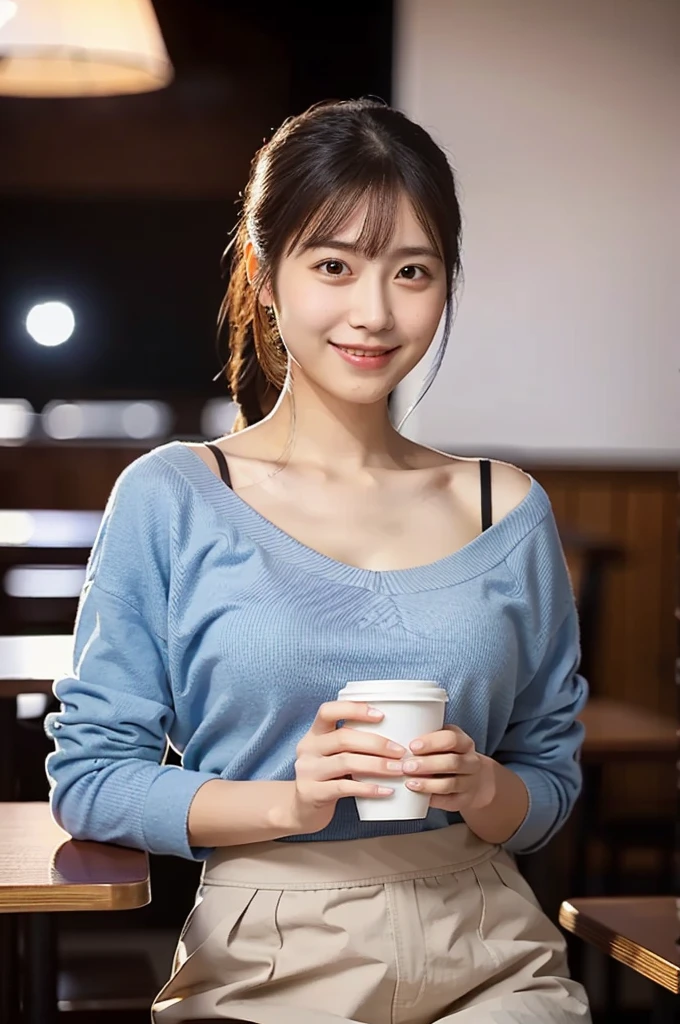 (masterpiece, best quality, perfect anatomy, highres, 8k, realistic, photorealistic, natural skin texture, no makeup:1.2), (afternoon:1.5), 1girl, solo, Japanese, age20, female adorable university student, very cute, (large breasts:1.4), (holding a cup of coffee near her face:1.2), shy smile, (side ponytail:1.2), wearing a mini skirt and a beret, (warm café lighting, casual restaurant setting), vertical composition, jp idol, inugao