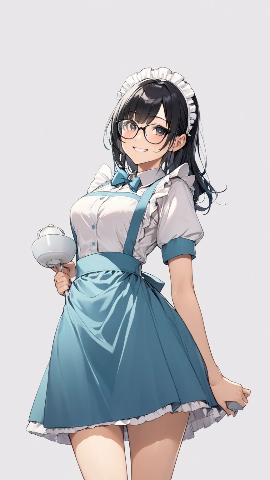 Black hair, glasses, maid uniform, smiling face