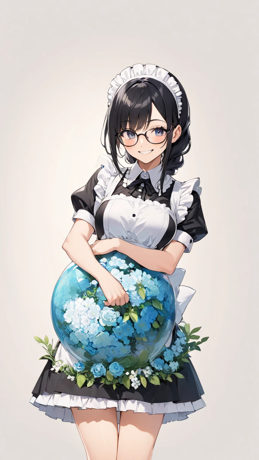 Black hair, glasses, maid uniform, smiling face