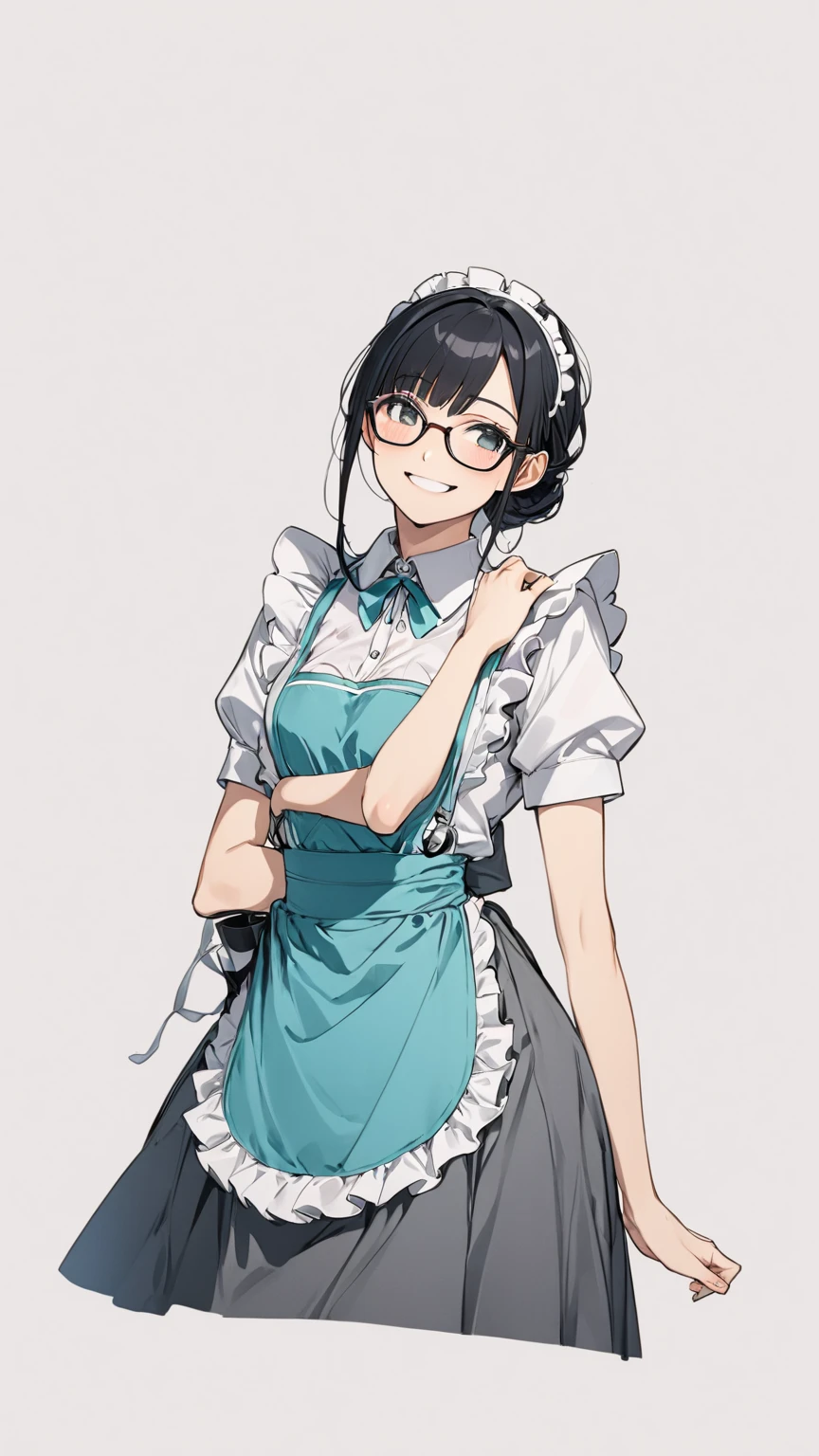 Black hair, glasses, maid uniform, smiling face