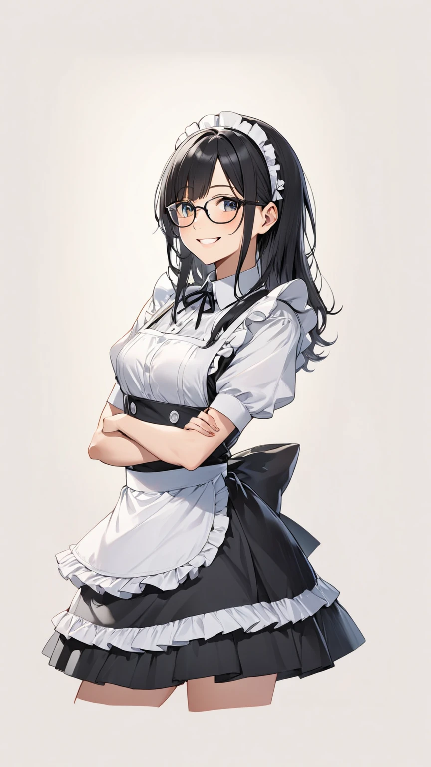 Black hair, glasses, maid uniform, smiling face