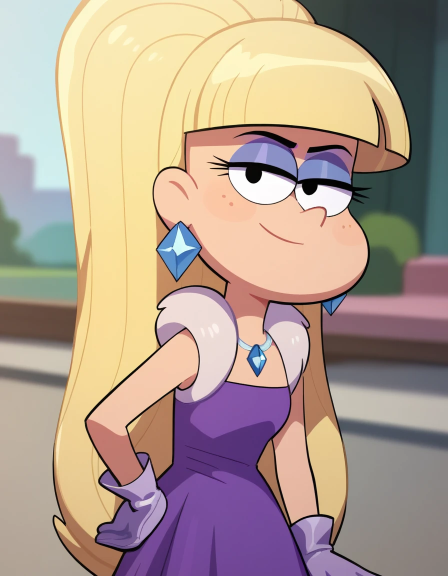 masterpiece,best quality, highly detailed, score_9, score_8_up, score_7_up, score_6_up,BREAK
 pacifica, 1girl, solo, blonde hair, gloves, jewelry, earrings, dress, long hair, purple dress, bangs,purple gloves, blunt bangs, hand on hip, smile,looking at viewer, ponytail, makeup, style parody, eyeshadow