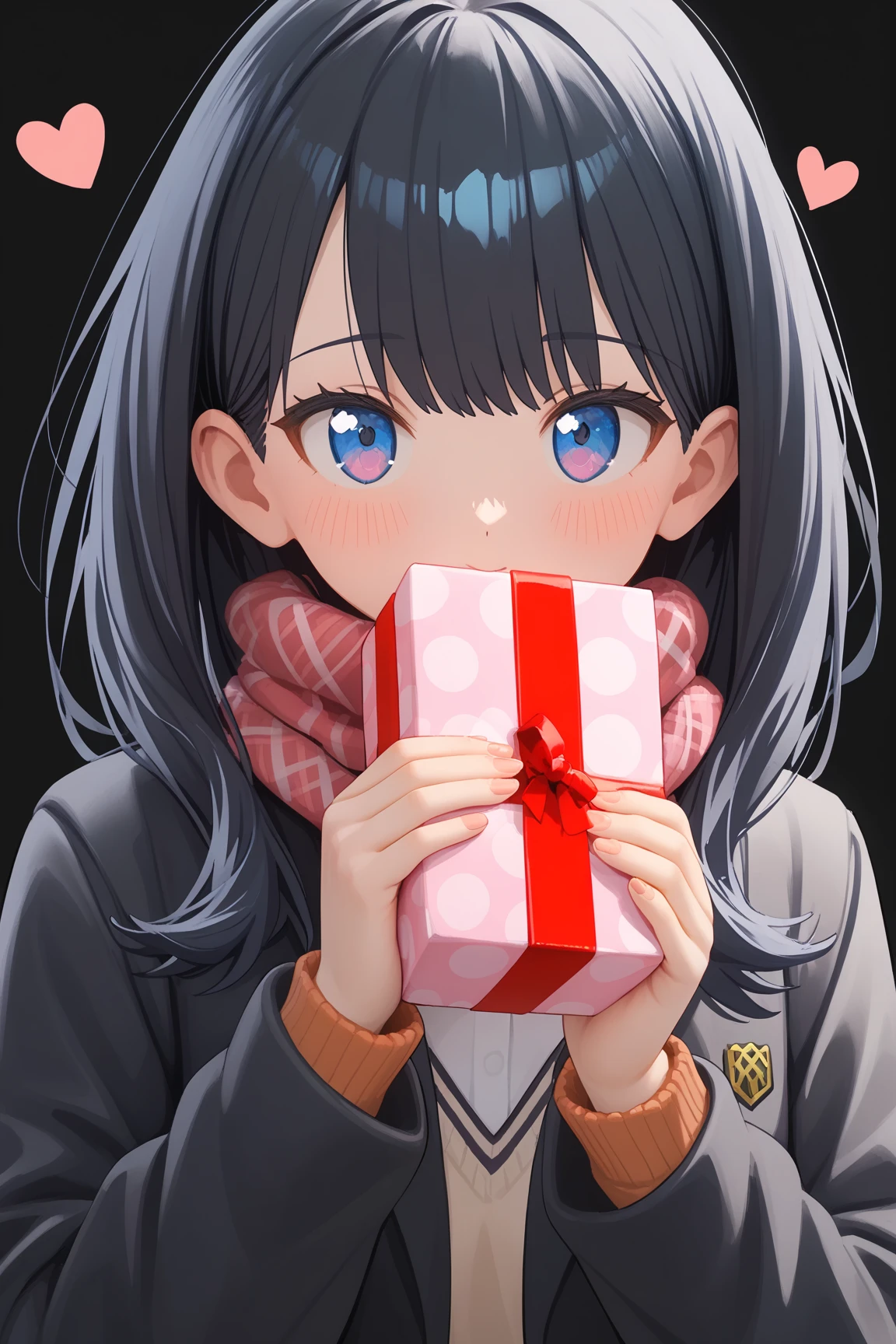 score_9,score_8_up,score_7_up,1girl, takarada_rikka, solo, upper_body, holding_gift, blush, sweater, coat, highres, cardigan, heart, open_jacket, school_uniform, covered_mouth, scarf_over_mouth, looking_at_viewer, white_background, commentary_request, enpera, incoming_gift, black_jacket, simple_background