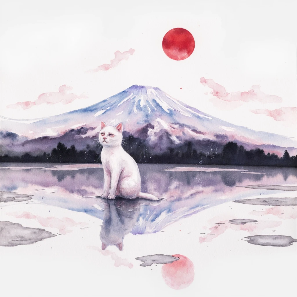 Watercolor of a cat with Mt Fuji at red sun