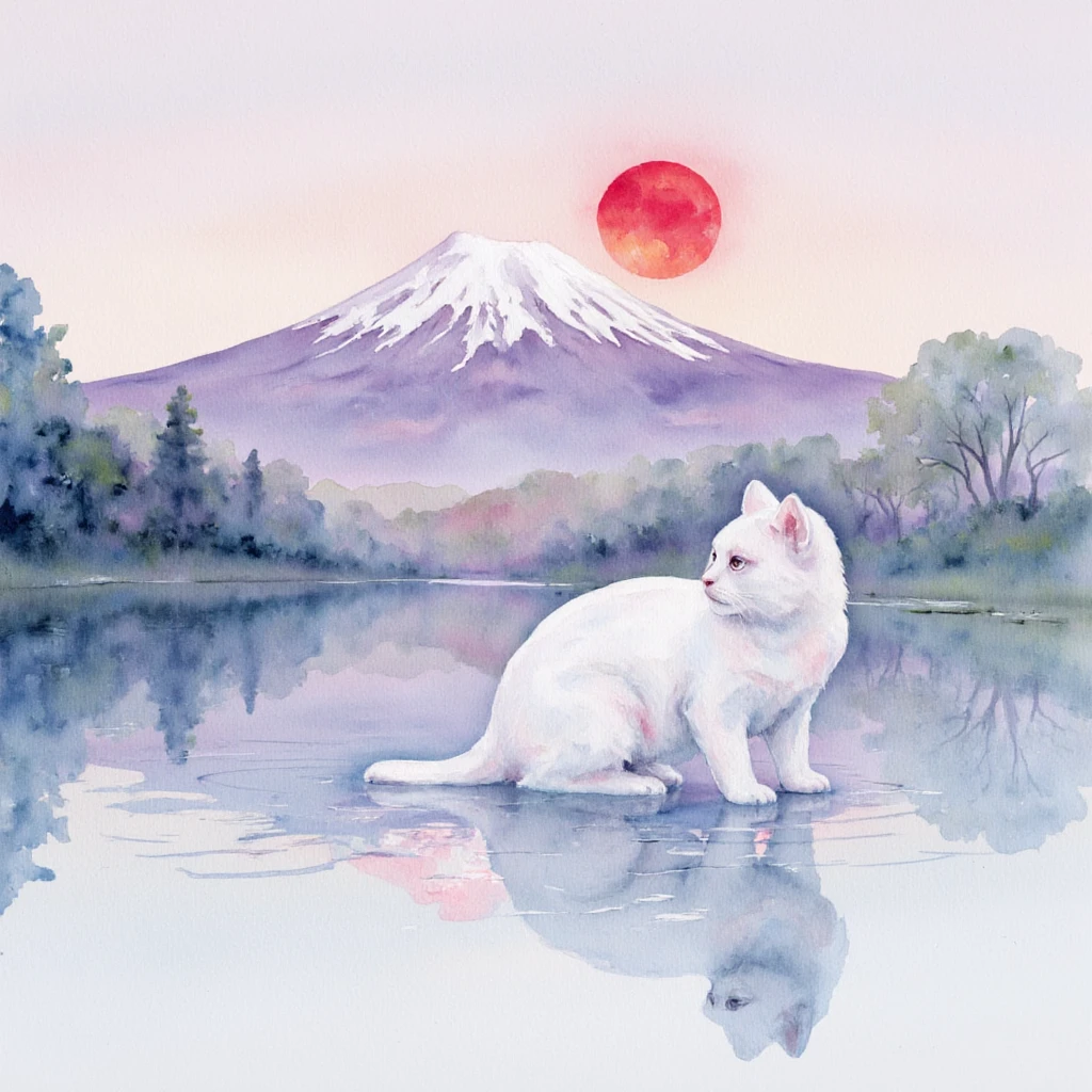 Watercolor of a cat with Mt Fuji at red sun