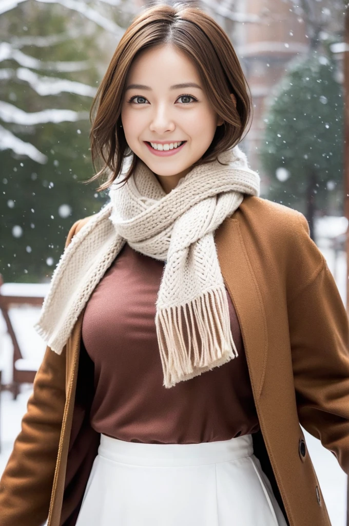 (8k, RAW photo, photorealistic, HQ, masterpiece), a cute Japanese girl,(glowing eyes), 
(light smile), brown hair, fluffy Pixie Bob hair, large breasts, curvy, (Stylish winter outfits, Scarf, coat, long skirt), 
standing pose, Seductive pose, (Snow is falling:1.4),(Snowy winter nature park), 
blurred background, depth of field, natural lighting, backlighting, face lightning, 